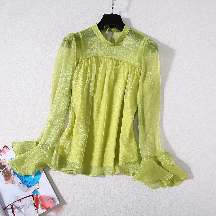 and American women's European dress 2021 summer new styles Green shirt with flared sleeves Blue wide leg pants Fashion suits