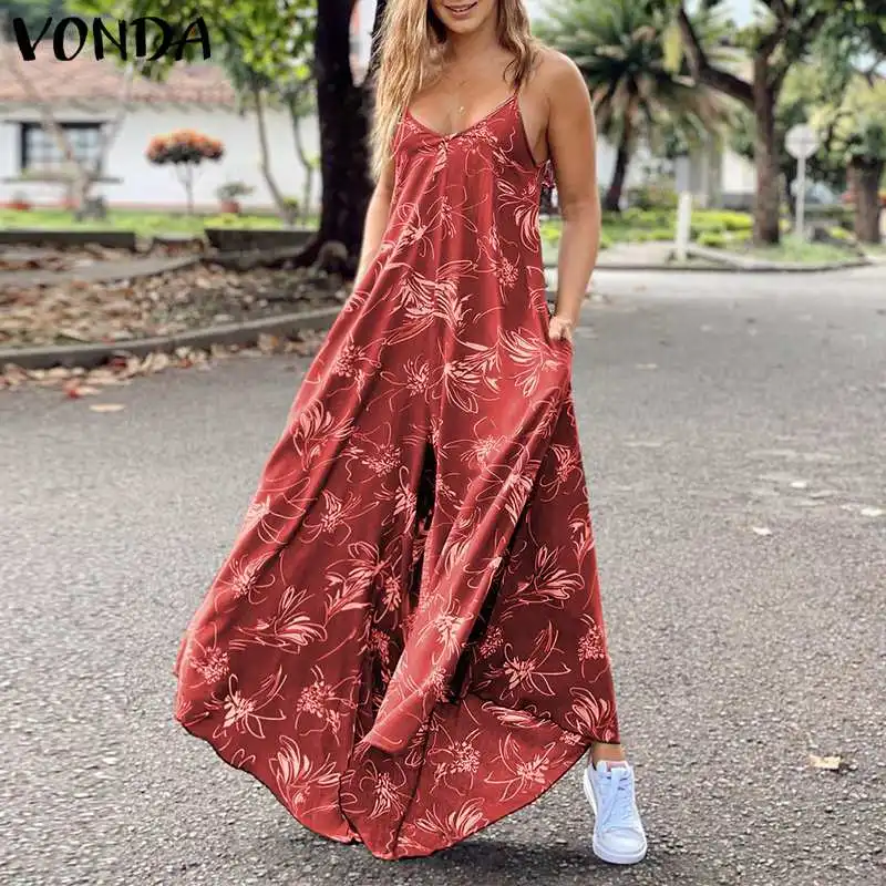 

2021 VONDA Women Sexy Sleeveless Vintage Printed Jumpsuits Sexy Deep V Neck Long Playsuits Wide Leg Overalls Pantalones Femme