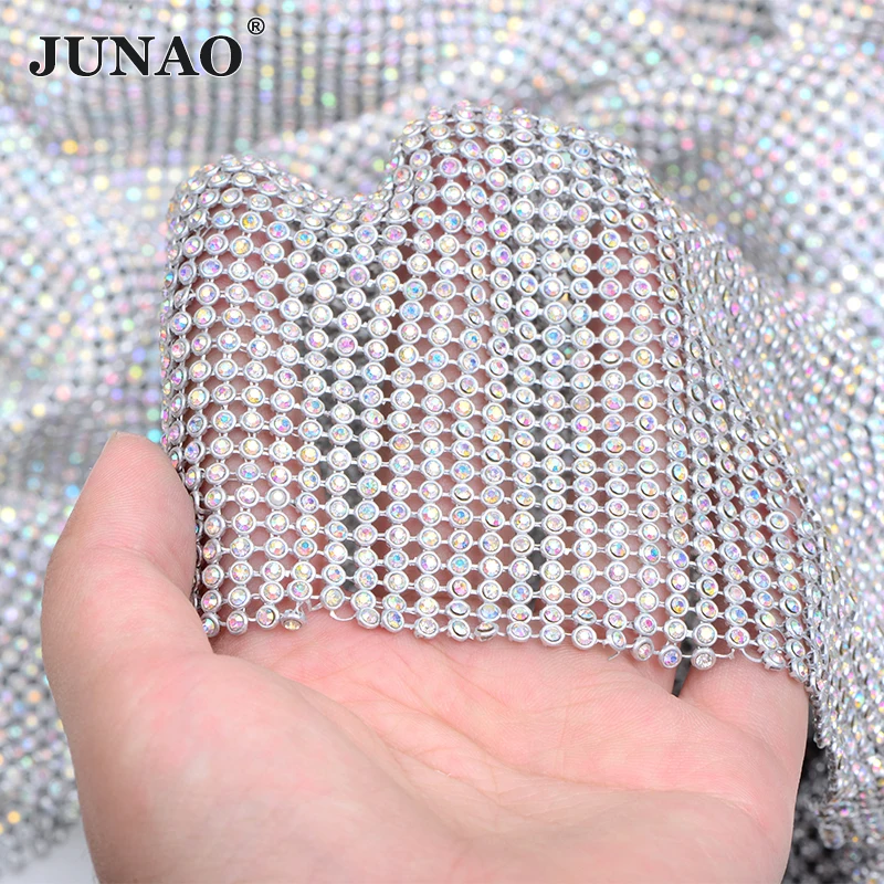 JUNAO 45*120 см блестящая черная сетка AB стеклянные стразы ткань кристальная лента