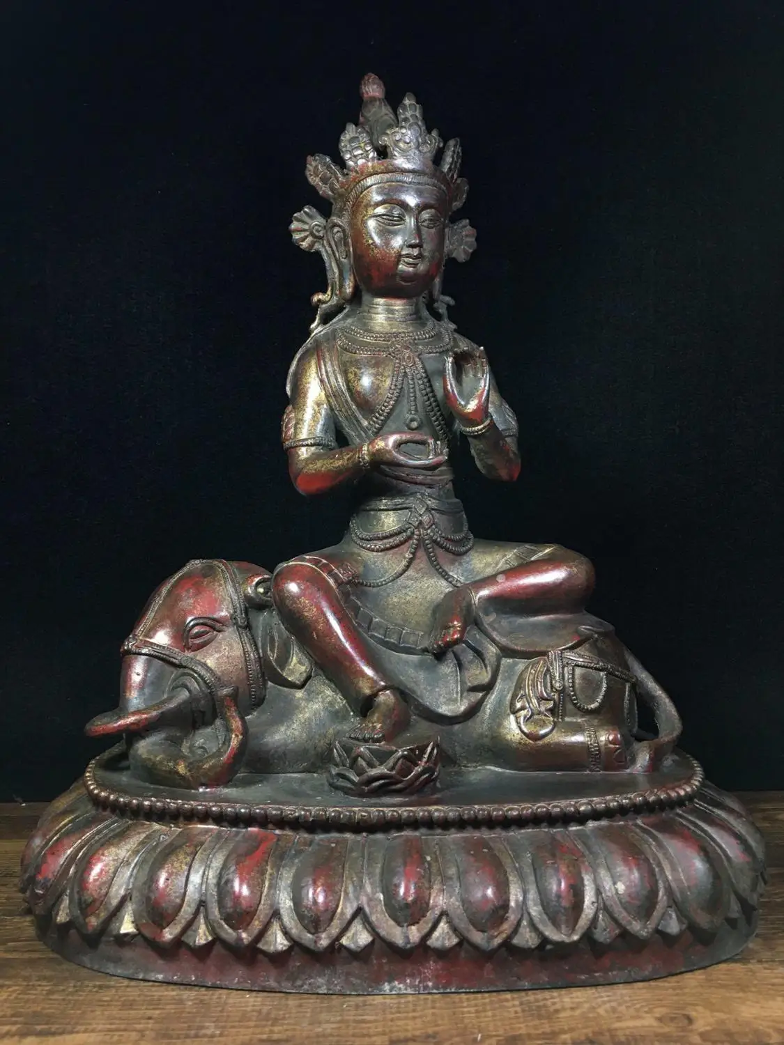 

14" Tibet Buddhism Temple Old Bronze Cinnabars Samantabhadra statue Avalokitesvara Amitabha statue Enshrine the Buddha