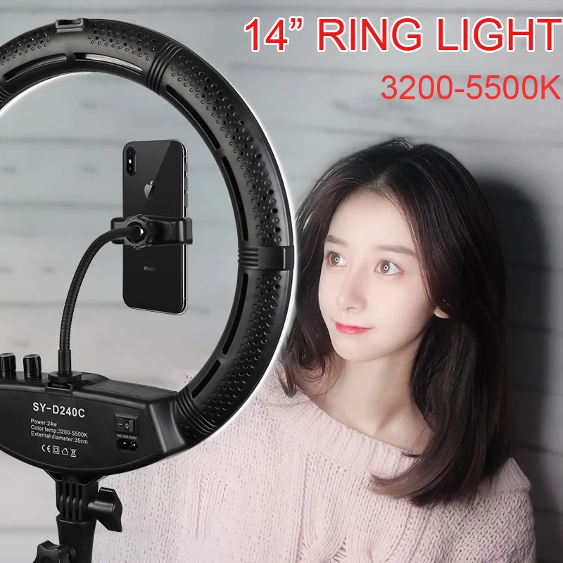 

Photo Studio LED Selfie Ring Light 14inch 3200-5600K Dimmable Lighting for Youtube Video Light with Tripod 2 Phone Holders