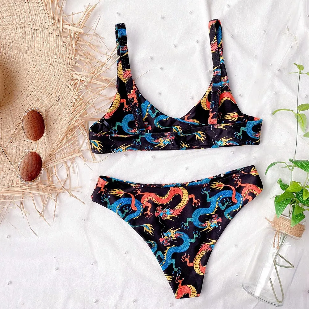 

New 2021 Dragon Printed Bikini Female Swimsuit Women Swimwear Two-pieces Bikini set Push Up Bather Bathing Suit Swim Lady