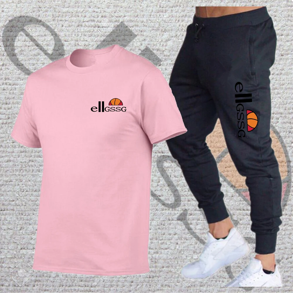 

2021 trendy men's summer hot-selling sports suit short-sleeved T-shirt + men's GYM training pants drawstring pencil pants 2pcs