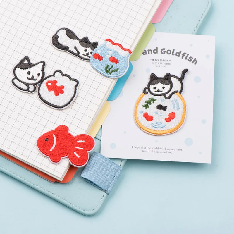 AHYONNIEX вышивка мультфильм кошка рыба чашки патчи для DIY одежда палка на патч с