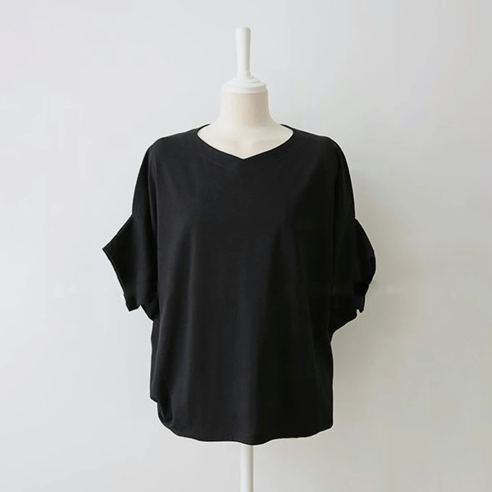 Летняя Корейская женская черная футболка в японском стиле Повседневная