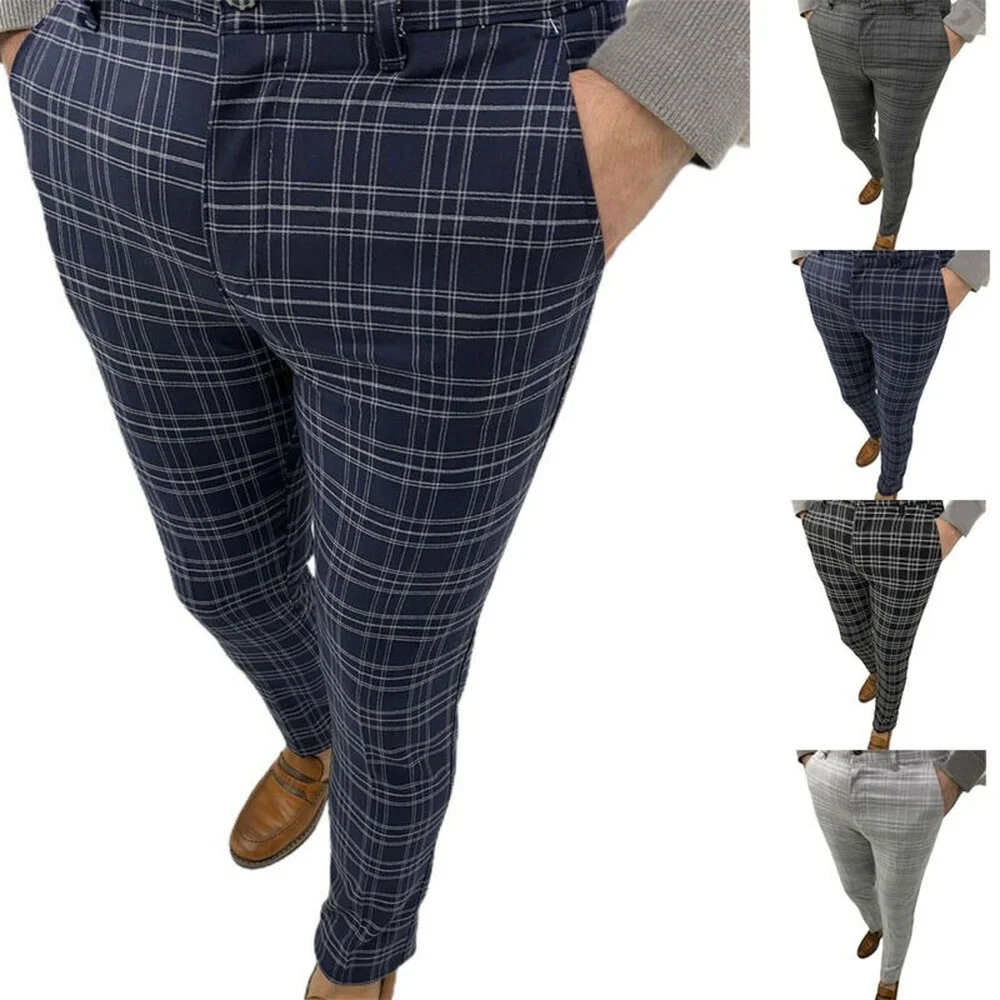 New Fashion Men's Plaid Multi-Stripe Casual Pants Men's Tight Trousers