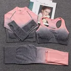 Комплект Спортивный бесшовный для йоги, бюстгальтер с эффектом омбре, укороченный Топ с длинным рукавом, рубашка, леггинсы для бега, женский спортивный костюм фитнесс