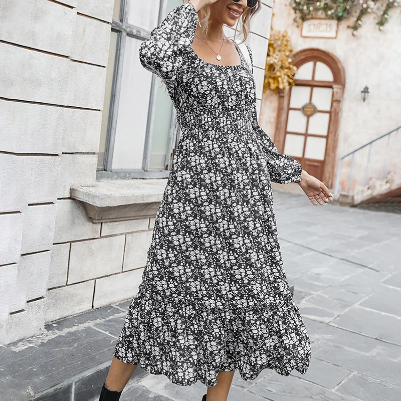 

Ardm Elegant Square Neck Floral Print Boho Dresses For Women 2021 Long Sleeve High Waist Ruffled Party Maxi Dress Vestidos