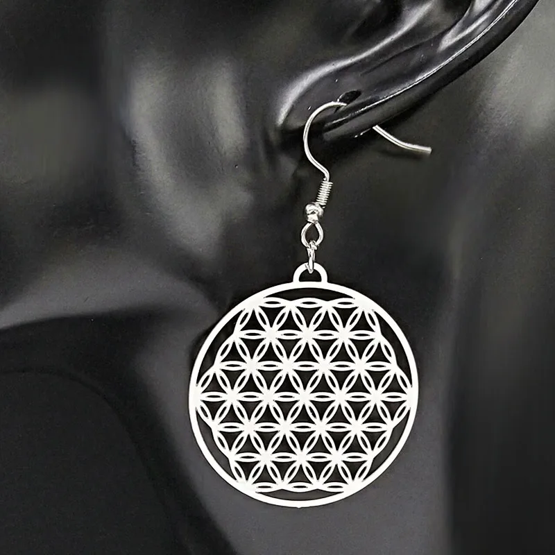 Flower of Life Stainless Steel Dangle Earrings Women Silver Color Earring Jewelry joyas de acero inoxidable para mujer E1534S02 | Украшения