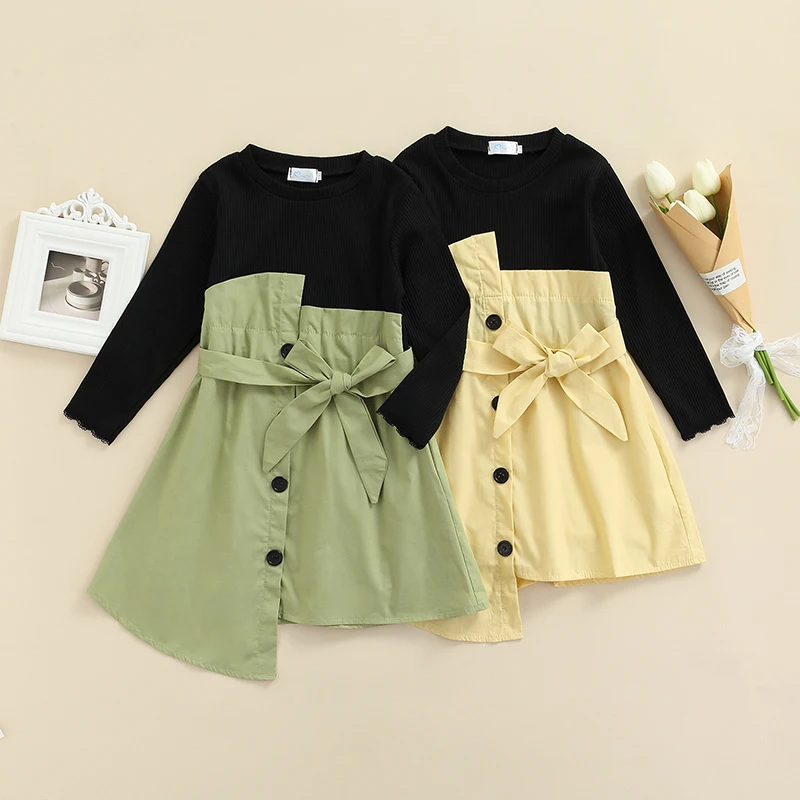 

2-7 Years Fashion Toddler Baby Girl Fall Dress Long Sleeve Round Neck Patchwork Contrast Color Belted Irregular A-line Dress