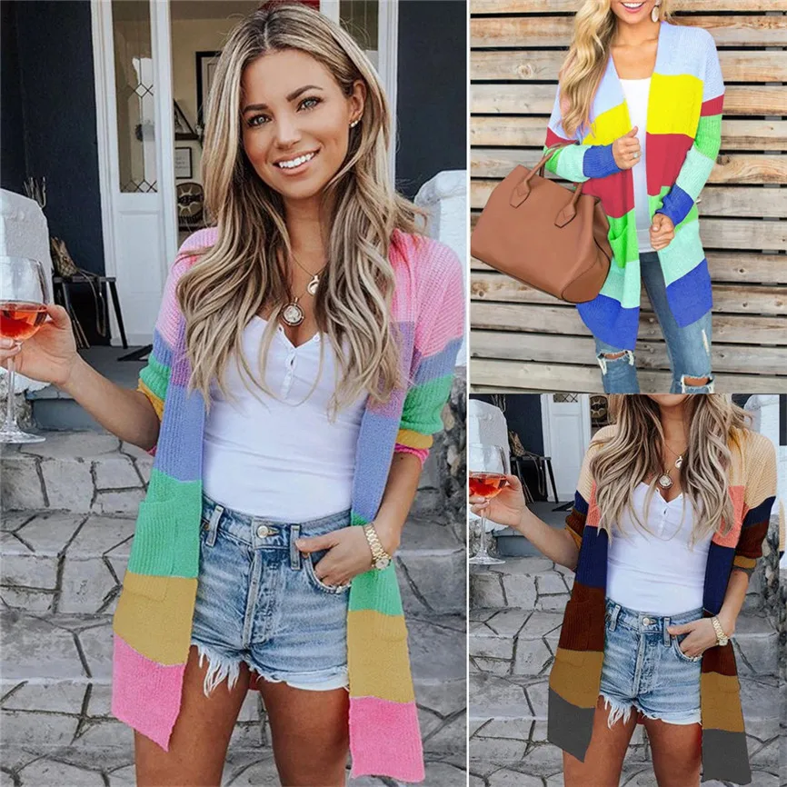 2019 осенне-зимнее вязаное Женское пальто вязаный кардиган в полоску с радужным