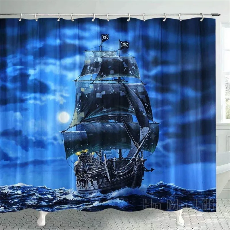 

Pirate Ship By Ho Me Lili Shower Curtain For Bathroom Fantasy Ocean Vintage Themed Full Moon Bath Decor With Hooks