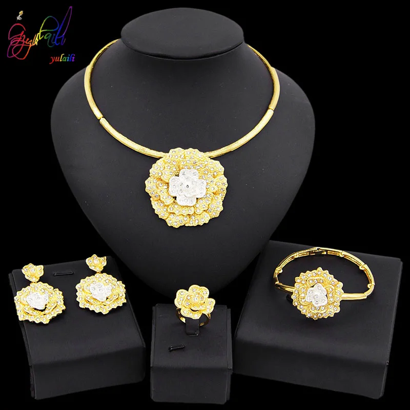 

Yulaili Free Shipping Fashion Dubai Gold Jewelry Sets for Women Crystal Zircon Necklace Earrings Bracelet Ring Jewellery