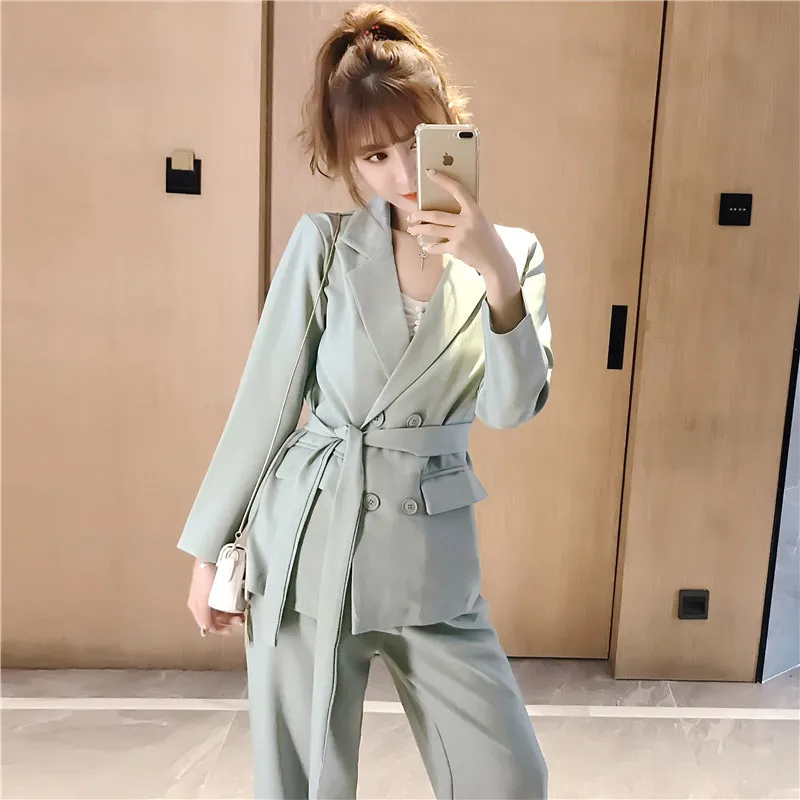 JuneLove Весна Осень Женщины Узелок Pant Suit Vintage Зубчатый Blazer куртки & офиса одежда