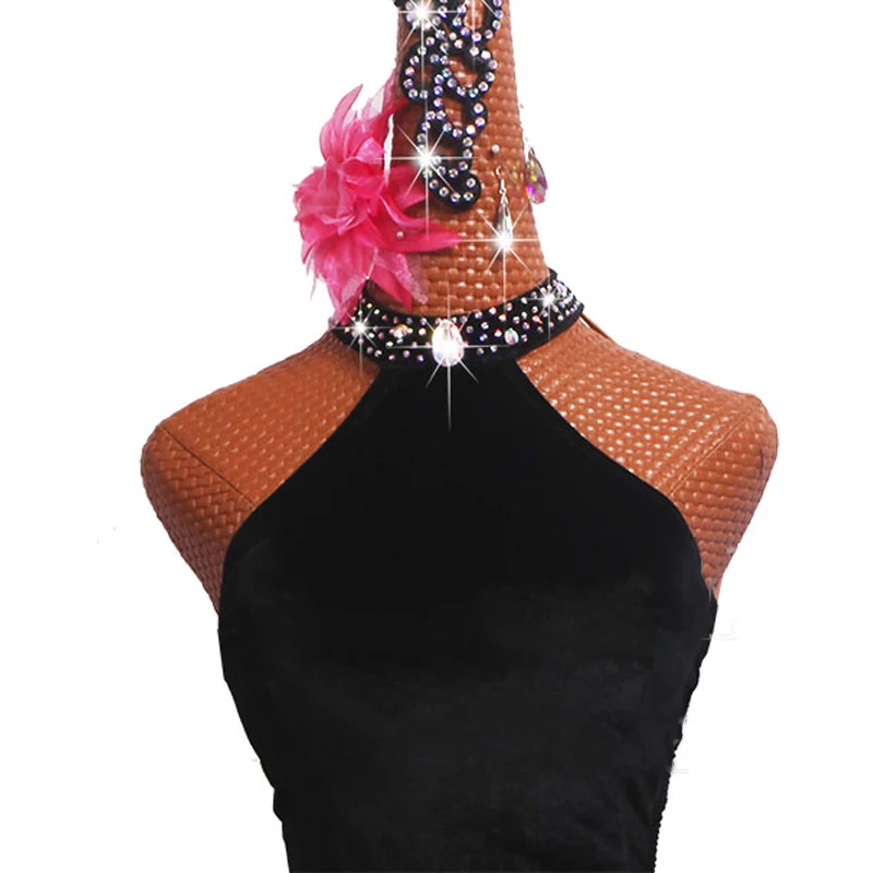 Сексуальное платье без бретелек для латинских танцев черное бархатное Фламенго