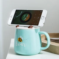 mdzf 410ml cartoon animal ceramic mug with mobile phone holde coffee milk breakfast cup office home drinkware gift box set