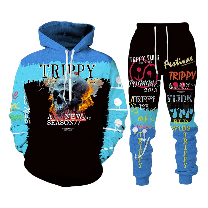 

Autumn Winter 3D Trippy Skull Printed Sweatshirts and Pants Set Harajuku Hoodies Unisex Tracksuit Casual Men's Clothing Suit