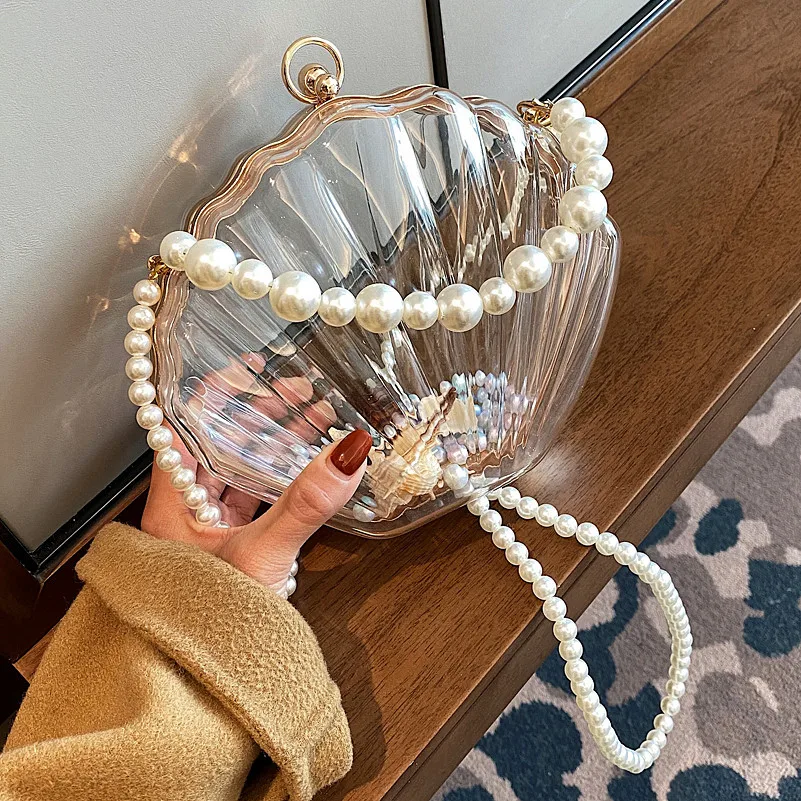 

Women Clear Purse Acrylic Clear Clutch Bag Shell Shaped Shoulder Handbag With Removable Pearl Strap Crossbody Bag