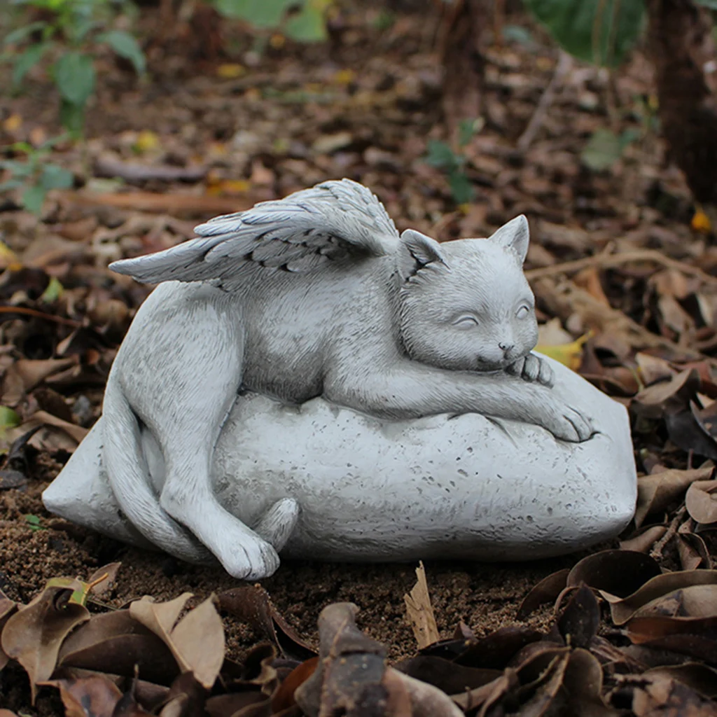 

Pet Cat Statue in Angel Wing Tribute Figurine Sculpture Outdoor Garden Decor