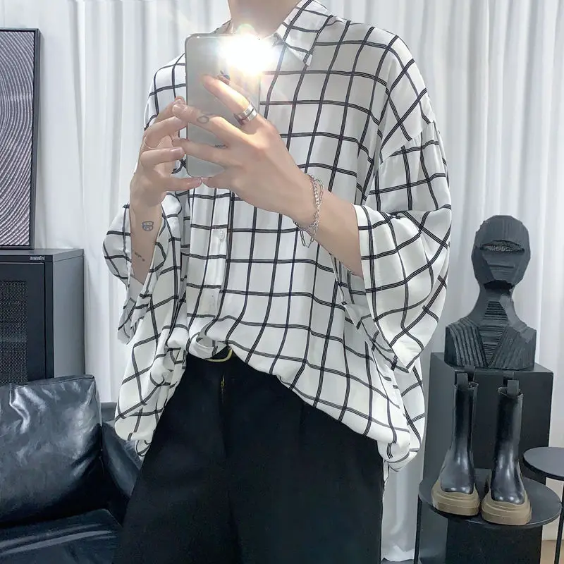

Summer Plaid Shirt Men Korean Fashion Loose Business Casual Shirt Men Harajuku Streetwear All-match Short-sleeved Shirt Men