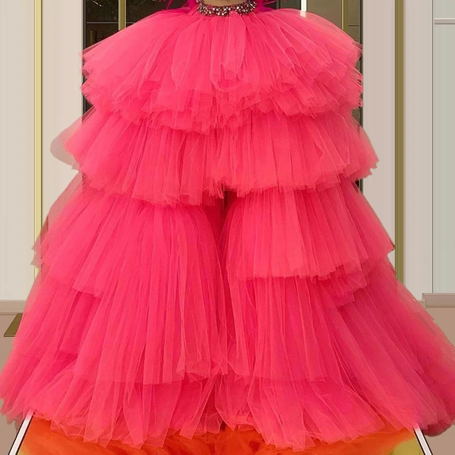 

Real Image Fuchsia Puffy High Low Long Tulle Skirts Women To Party Ruffles Tiered Tulle Skirt Crystal Waistband Tutu Maxi Skirt