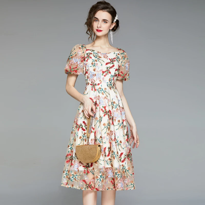 

Женское Сетчатое платье с вышивкой, дизайнерское праздвечерние чное платье с пышными рукавами, лето платье знаменитости