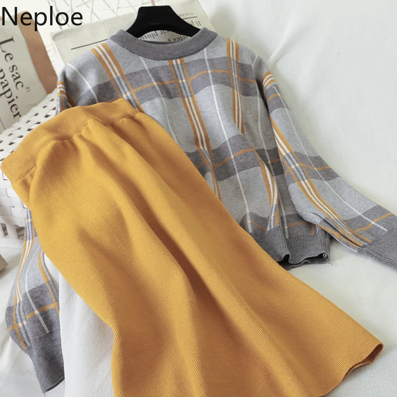 Neploe Chic Conjuntos Mujer вязаный свитер в клетку с круглым вырезом + Однотонная юбка