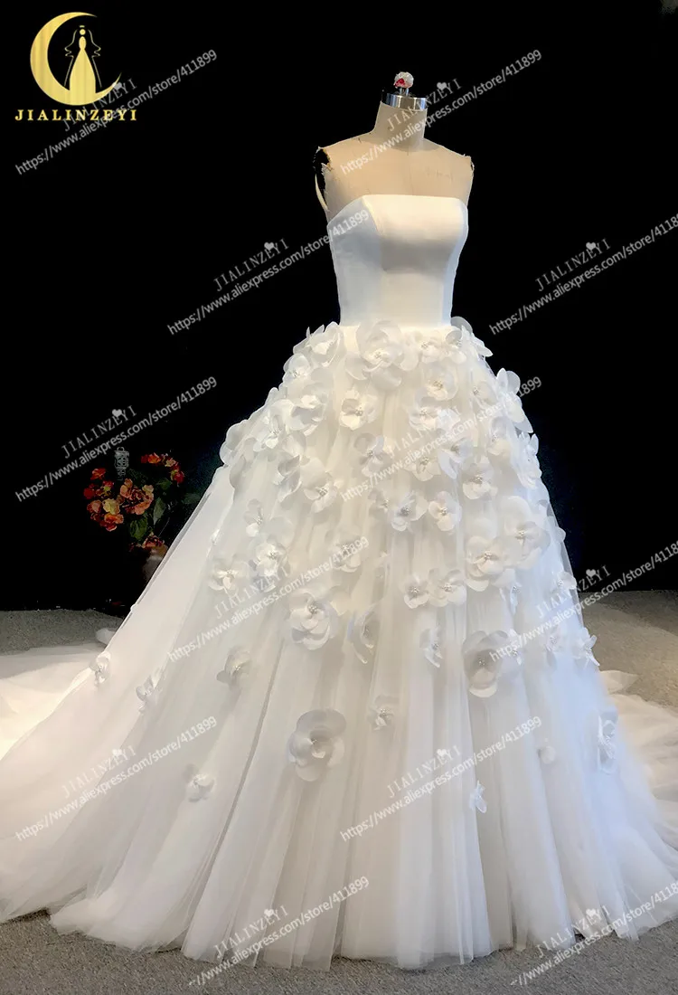 Rhine real Pictures Straples organza flowers with veil платье на выпускной Wedding gown wedding dresses