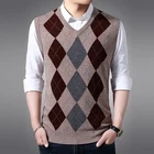 Мужской роскошный клетчатый джемпер, разноцветный шерстяной свитер без рукавов, повседневная мужская вязаная одежда, кашемировый жилет с v-образным вырезом, пуловеры