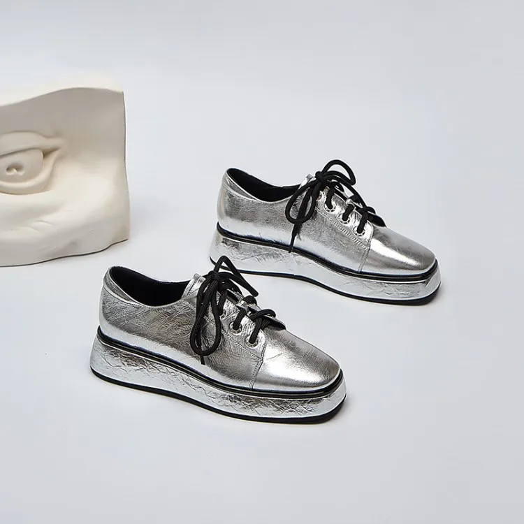 

MLJUESE 2021 Women Pumps Soft Cow leather Autumn Spring Silver Color Square toe Lace Up Platform high heels pumps