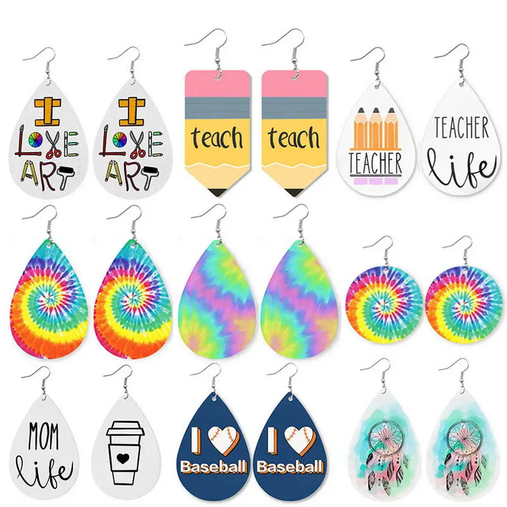 

Cute Tie Dye Colorful Leather Earrings for Women Nurse Teach Pencil Pring Leather Teardrop Earrings Teachers' Day Gift Wholesale