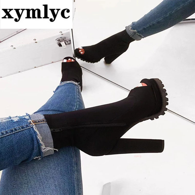 

Women Peep Toe Ankle Boots Women's Waterproof Platfrom Boots Ladies Sexy Colorful Print Shoes Female Zip Super High Heels