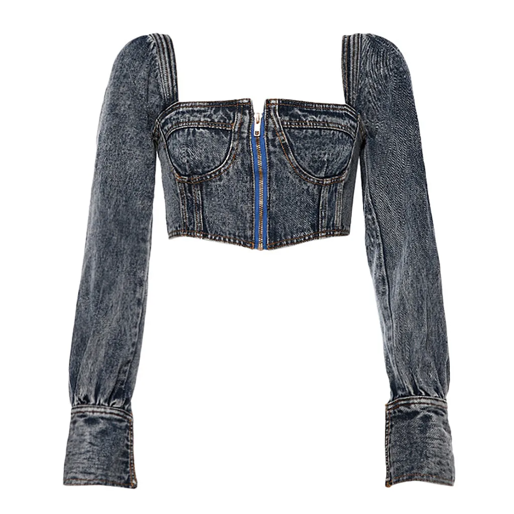 Женская Джинсовая блузка на молнии модная Зимняя Блузка с длинным рукавом и