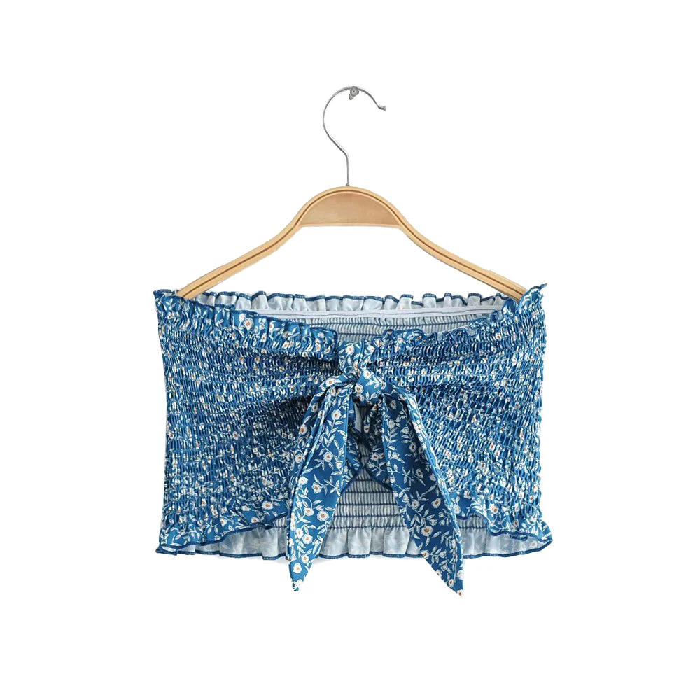 Костюм женский с цветочным принтом топ открытыми плечами и оборками мини юбка