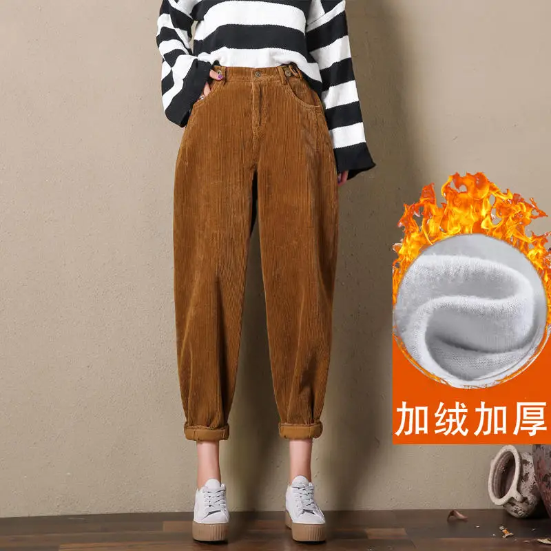 Khaki plus velvet Винтажные вельветовые брюки женские брюки свободные шаровары с высокой талией осенние зимние повседневные уличные штаны для мамы Pantalon Femme Q1924 - Цвет: Khaki plus velvet