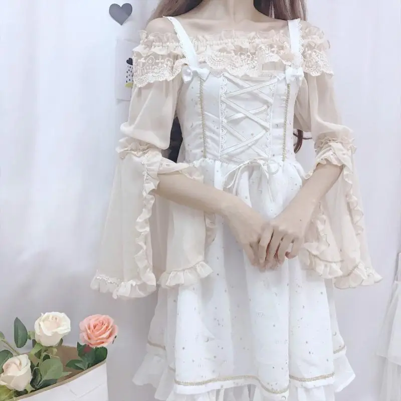 

New Women's Dress Kawaii Lolita Blouses Long-sleeved Lolita Blouses Chiffon Shirts Slash Neck Ji-sleeved Lace Blouse Tops