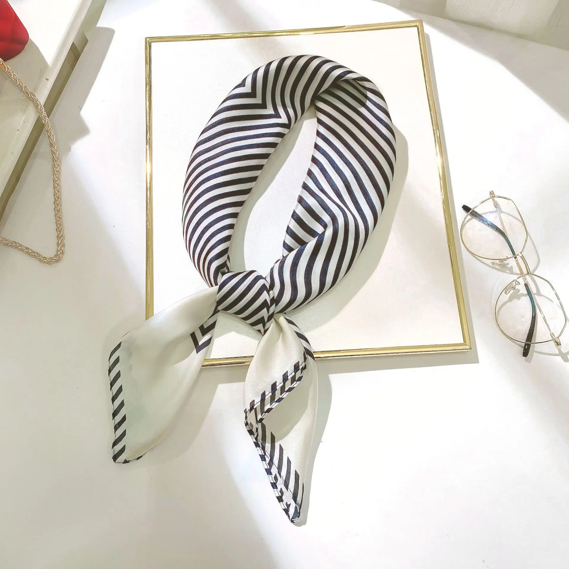 New stripe imitate real silk scarf sweet roll edge adornment profession small printing |