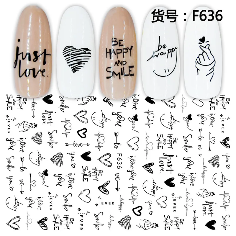

Heart Leaf Design 3D Nail Sticker Black White Transfer Stickers for Nails Sexy Girl Face Self-adhensive Slider Tip Abstract Wrap