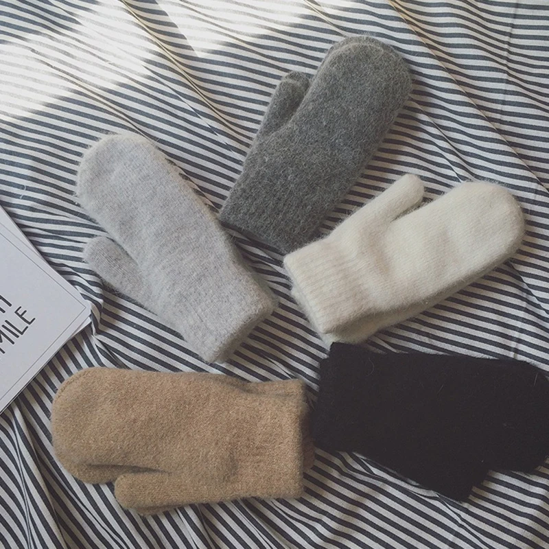 

Женские теплые кашемировые варежки, зимние Однотонные эластичные варежки с пальцами, милые вязаные перчатки с имитацией кроличьего меха