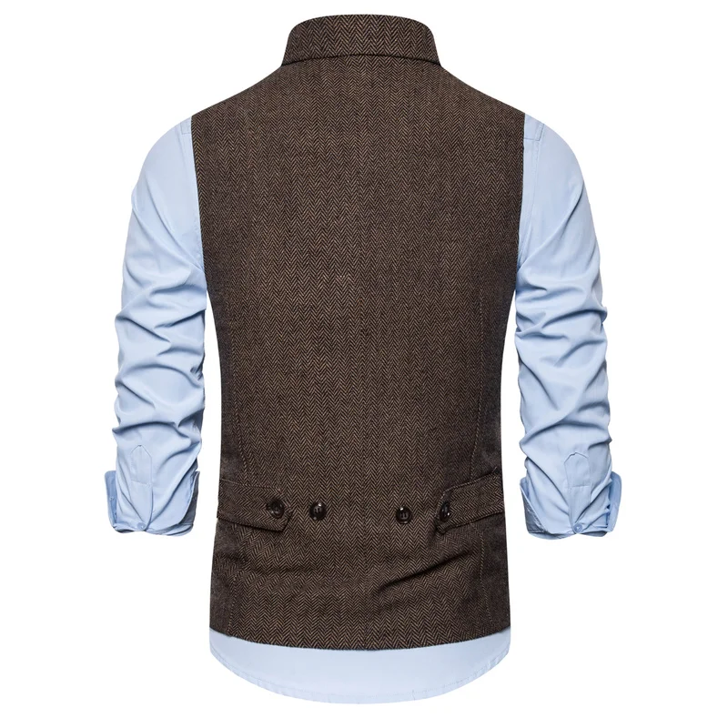 Brand Men's Waistcoat Fashion Retro Tweed Vests Classic Sleeveless Plaid Suit Vest British Style Double Breasted Gilet