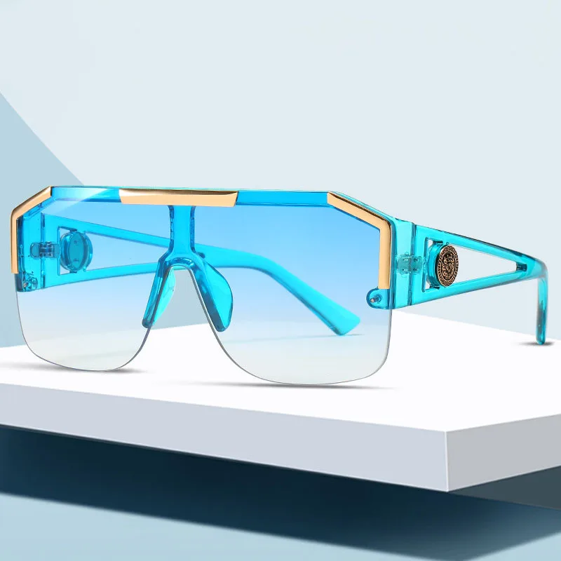 

2020 Fashion Luxury Brand Oversized Square Sunglasses Men Women Vintage Metal Big Frame Semi-Rimless One Lens Sun Glasses UV400