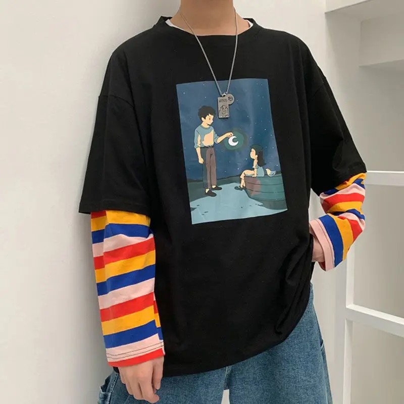 

T-shirt Autumn And Winter Rainbow Stripe Fake Two Long Sleeve Student Korean Loose Top Wear Vintage Streetwear
