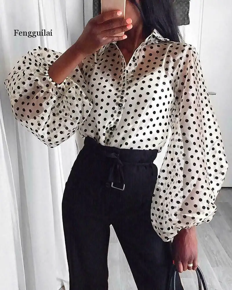 

Women Blouse Lace Mesh Sheer See-through Lantern Sleeve Tops Shirts Lace Up Polka Dot Blouse
