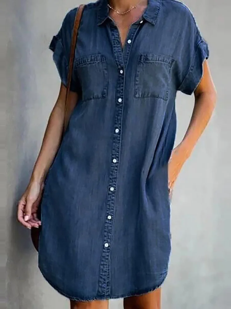 

2022 Summer Short Sleeve Solid Denim Dress Women Turn Down Collar Loose Shirt Dress Elegant Female Casual Mini Dress Vestidos