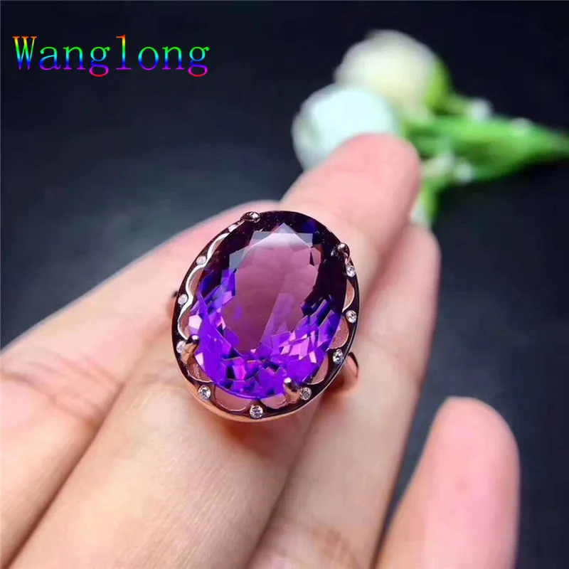 Wanglong 925 пробы Серебряное кольцо с большим драгоценным камнем Аметист стиль изменяемый Размер 12*16 мм для женщин Цвет ювелирные изделия