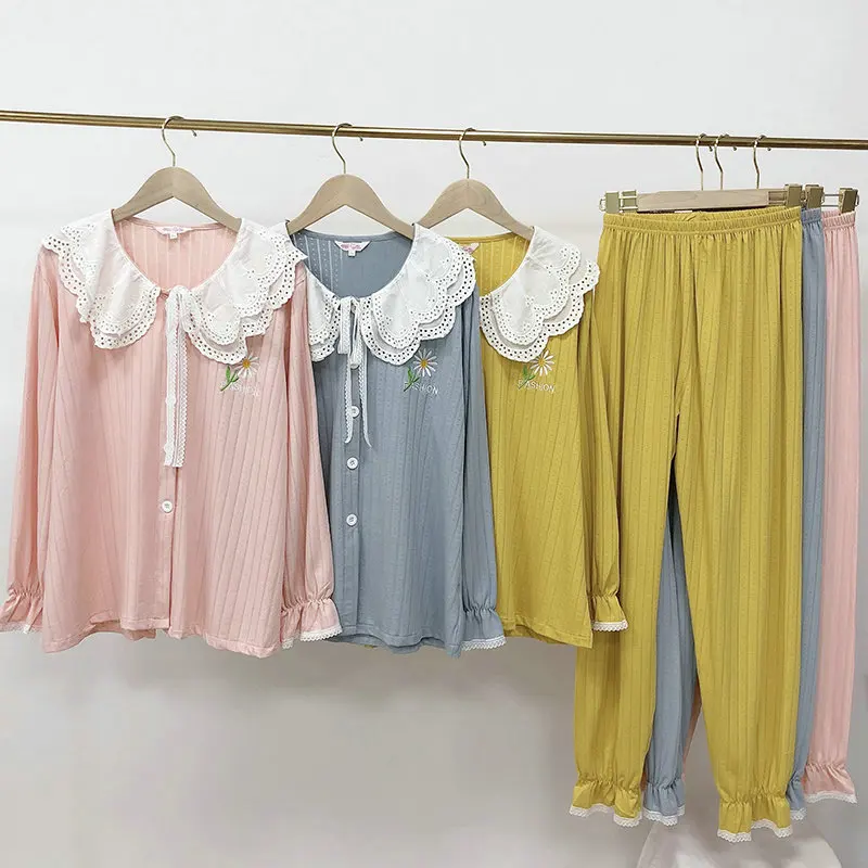 

Blue Cotton 2PC Young Lady Pajamas Set Floral Letter Embroidery Sleepwear Spring Autumn New Pyjama Sweet Lace Bow Trim Nightwear