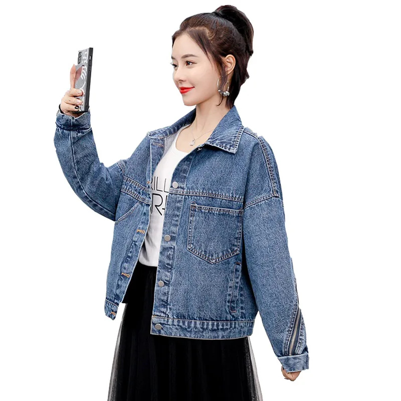 

Женская короткая джинсовая куртка на молнии сзади, свободная Красная куртка в Корейском стиле, весна-осень