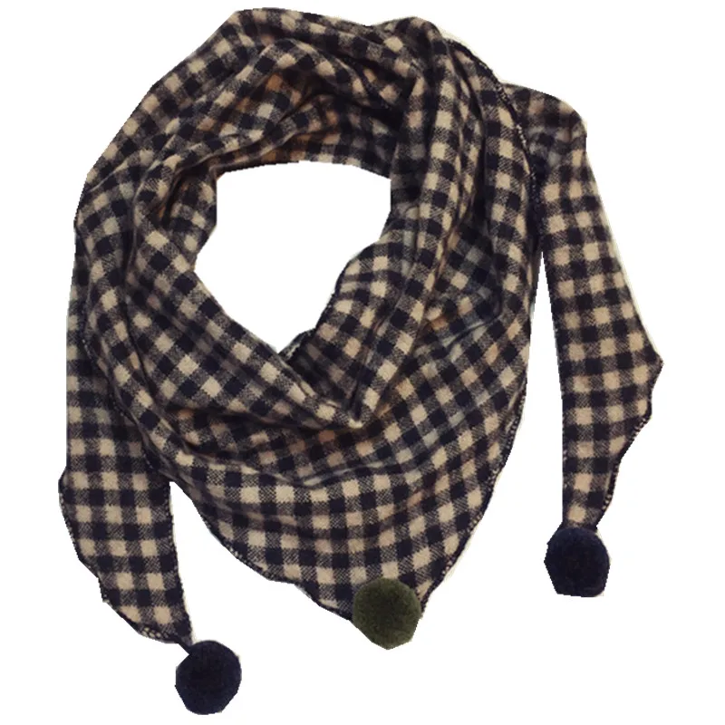 navy beige grid Осенне-зимний детский шарф из хлопка и льна, модный детский треугольный шарф с рисунком льва для девочек, детский шейный платок, шаль для мальчиков и девочек - Цвет: navy beige grid