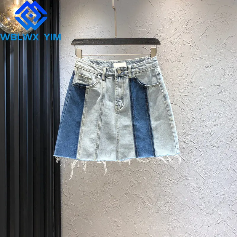 

Summer High waist Denim Skirt Women Fashion Pocket Patchwork Mini Skirt High quality Female Loose Plus Size A-Line Jeans Skirts