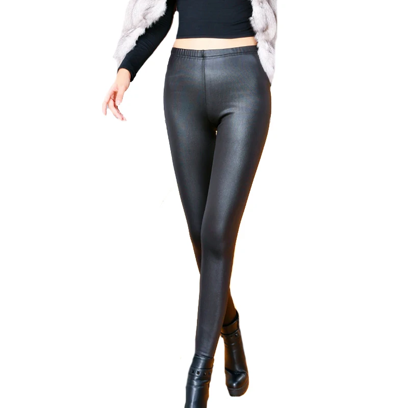 Женские кожаные леггинсы CUHAKCI черные утепленные облегающие зимние Теплые